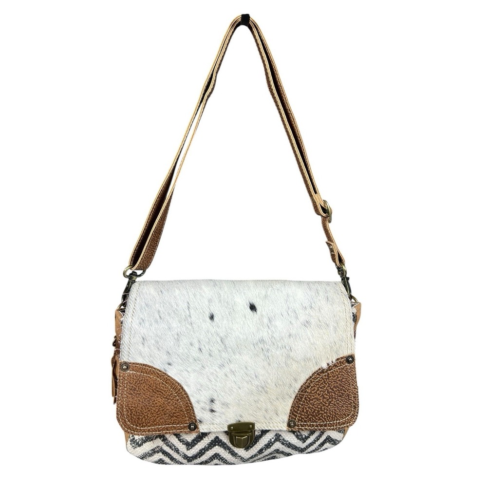 Myra Bag Pearl Fusion Messenger Bag Cowhide Leather Chevron Canvas